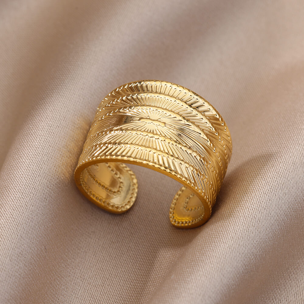 PVD Coated Gold Plating Process Real Gold Plated Plating Material PVD Coated Real Gold Plated Leaf Stainless Steel Fashion Waterproof Non Tarnish Open Ring