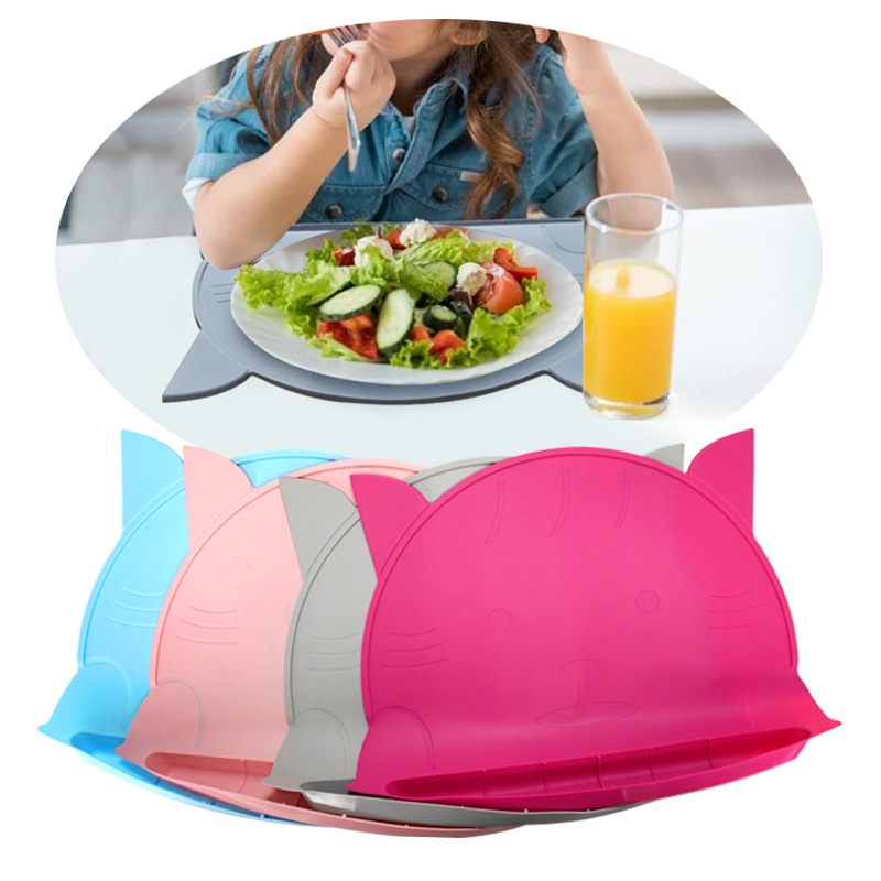 새 베이비 플레이트 누수 방지 실리콘 매트 누수 홈이있는 어린이 식탁 부드러운 매트 방오 방지 미끄럼 방지 휴대용 플레이스매트