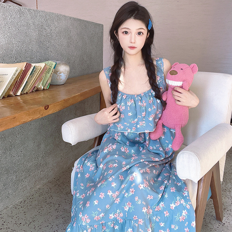 Cotton Silk Suspender Nightgown for Women Summer Loose Thin Korean Style Sweet Artificial Cotton Dress Pregnant Women Plus Size Pajamas Summer