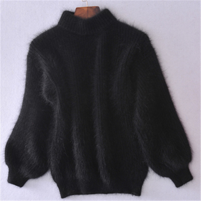 K New Style Lantern Sleeve Faux Mink Half-turtleneck Loose Solid Color Sweater Pullover For Women_voghion.com