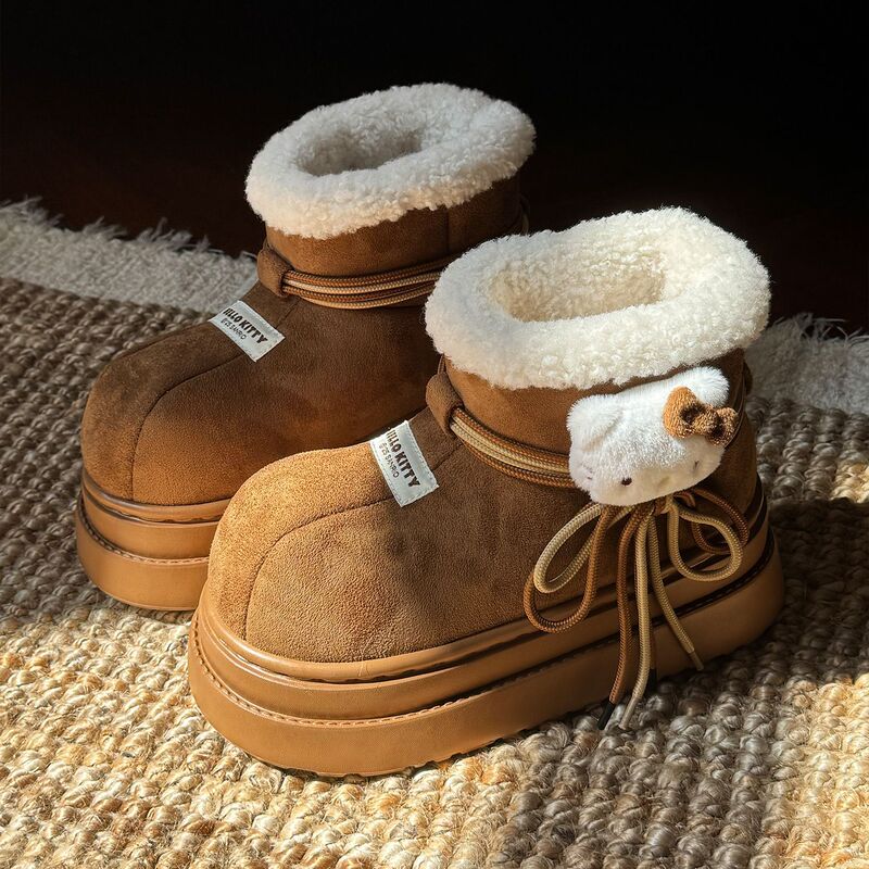 Authentic Sanrio Snow Boots for Women to Wear in Winter, Warm Fleece-Lined and Thickeneded All-Inclusive Cotton Slippers Kitty Cotton Shoes