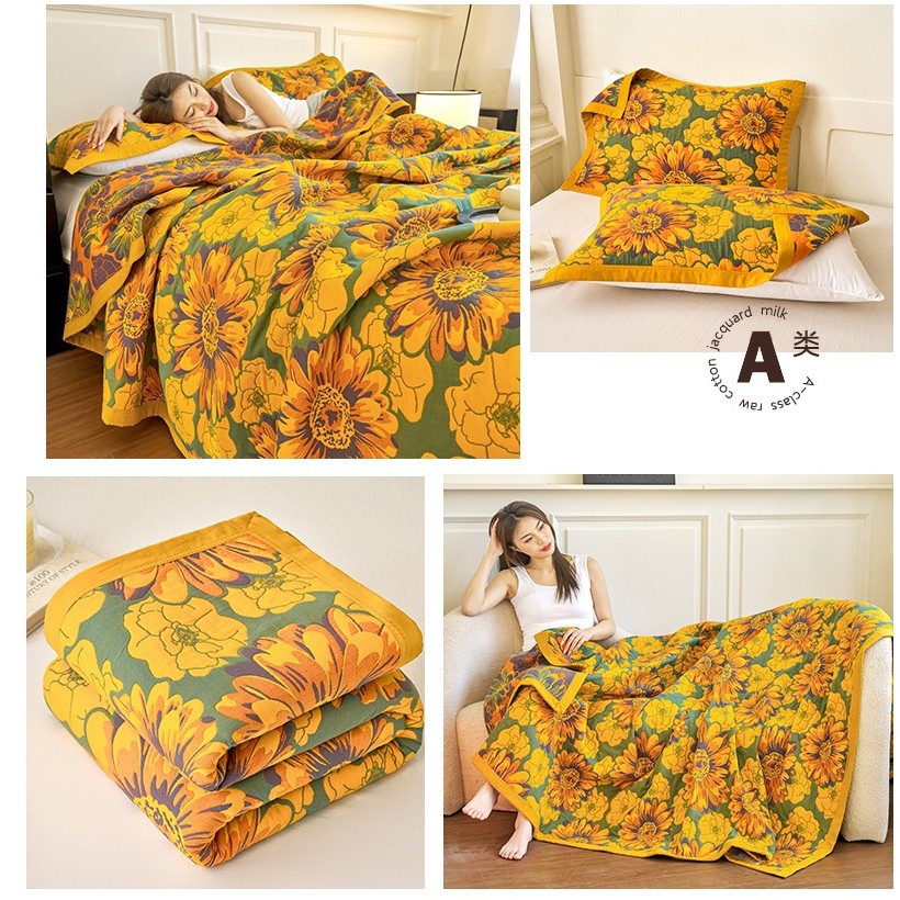 60-Count Long-Staple Cotton Fine Yarn Three-Layer Blanket, All-Cotton Towel Blanket, Summer Cooling Blanket, Single-Person Leisure Blanket, Nap Blanket, Office Blanket