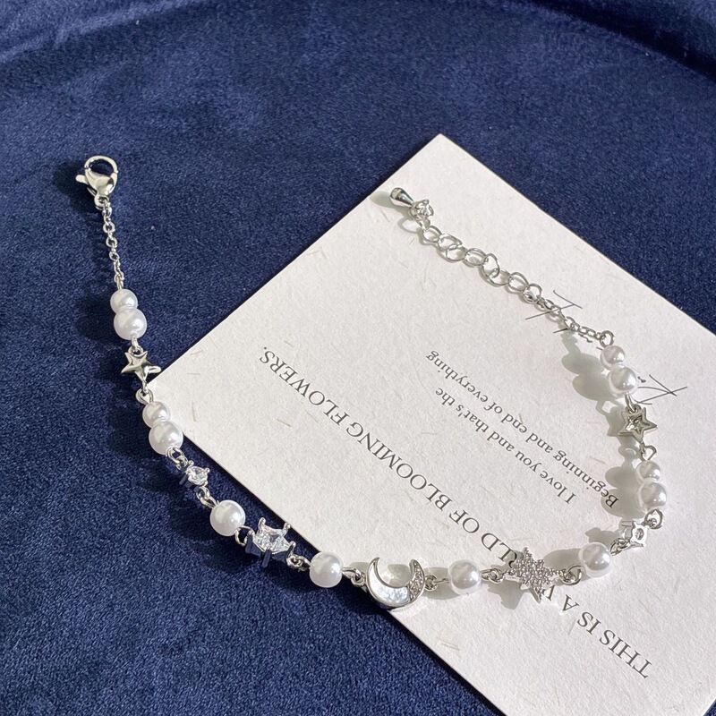 Star and Moon Zircon Pearl Bracelet for Women, Ins-Style Niche Design, High-End Daily Fashion Versatile Elegant Commuter Jewelry