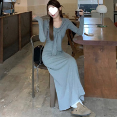 假两件拼肩长袖连衣裙女2025秋季新款设计感收腰显瘦气质针织长裙