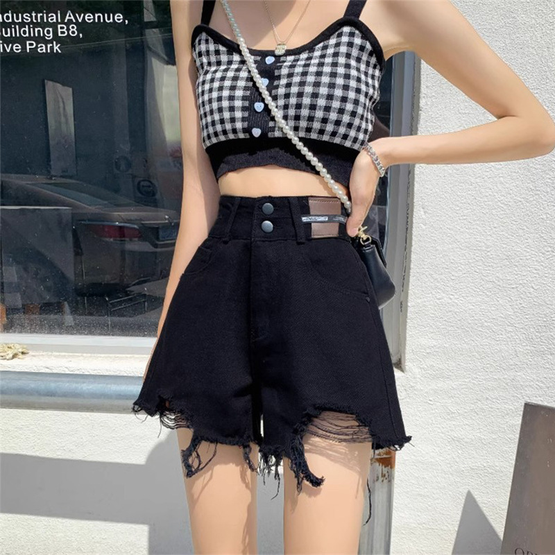 ブラックリップドワイドレッグデニムショートパンツ女性のための夏の2025新しい大きいサイズハイウエストAラインローエッジホットパンツイントレンド|undefined