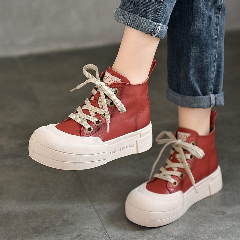 [Event Price 118] Genuine Leather Casual Shoes Round Toe Thick Sole High Top Easiest for Match Lace-Up Sneakers Women's Cowhide