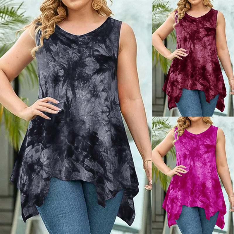 2026 Amazon Cross-Border Summer Irregular Hem V-Neck Tie-Dye Printed Plus-Size Women's T-Shirt Sleeveless Top