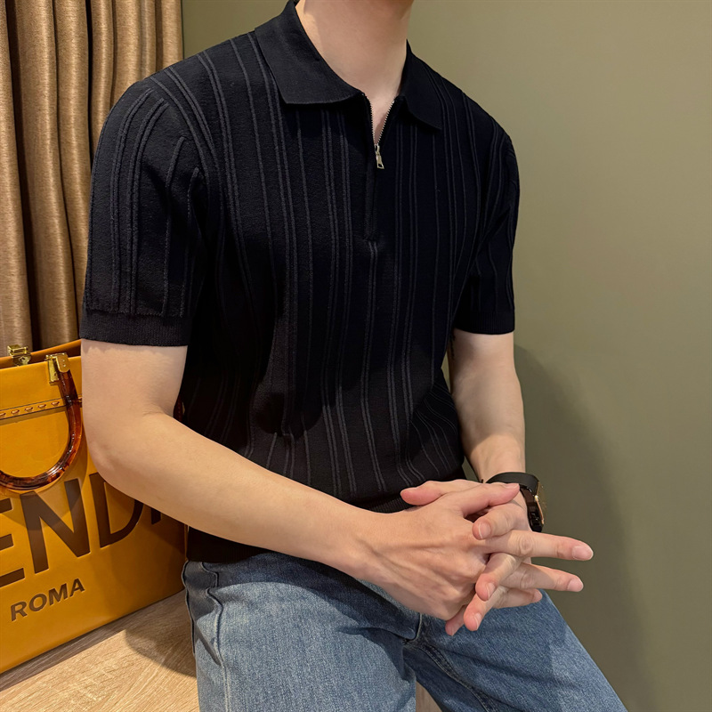 Zipper jersey polo de manga corta hombre verano americano retro commuting suelto vertical rayas pozo cuello camiseta hombre
