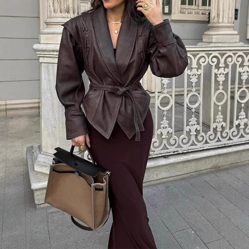 Autumn and Winter European and American Women's Clothing Cross-Border Style Commuter Style Lapel Tie Long-Sleeve Coat Leather Jacket for Women