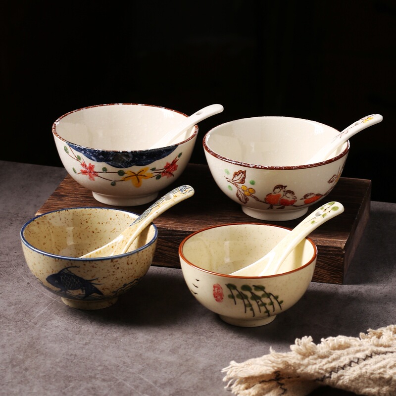 Hand-Painted Household Ceramic Rice Bowl, Vintage Rice Bowl, Porridge Bowl, Soup Bowl, Noodle Bowl, Dessert Bowl, Wonton Bowl Hand-Painted Household Ceramic Rice Bowl, Vintage Rice Bowl, Porridge Bowl, Soup Bowl, Noodle Bowl, Dessert Bowl, Wonton Bowl