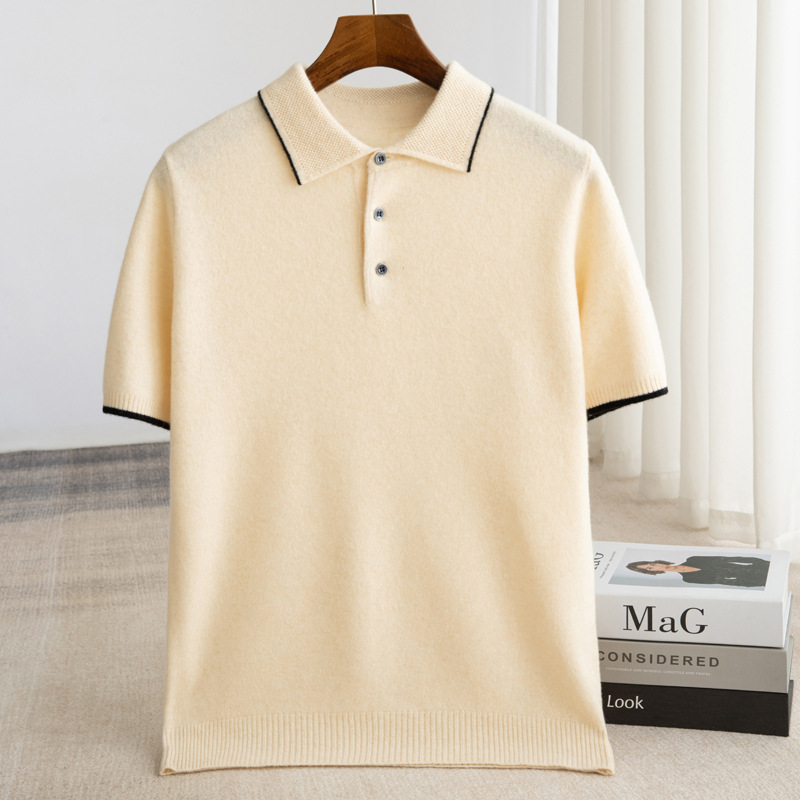 Wholesale Men's Woolen Knitwear Short-Sleeved Polo Collar Knitwear T-Shirt Business Casual Contrasting Color Half-Sleeved Outer Wear Cross-Border Agency