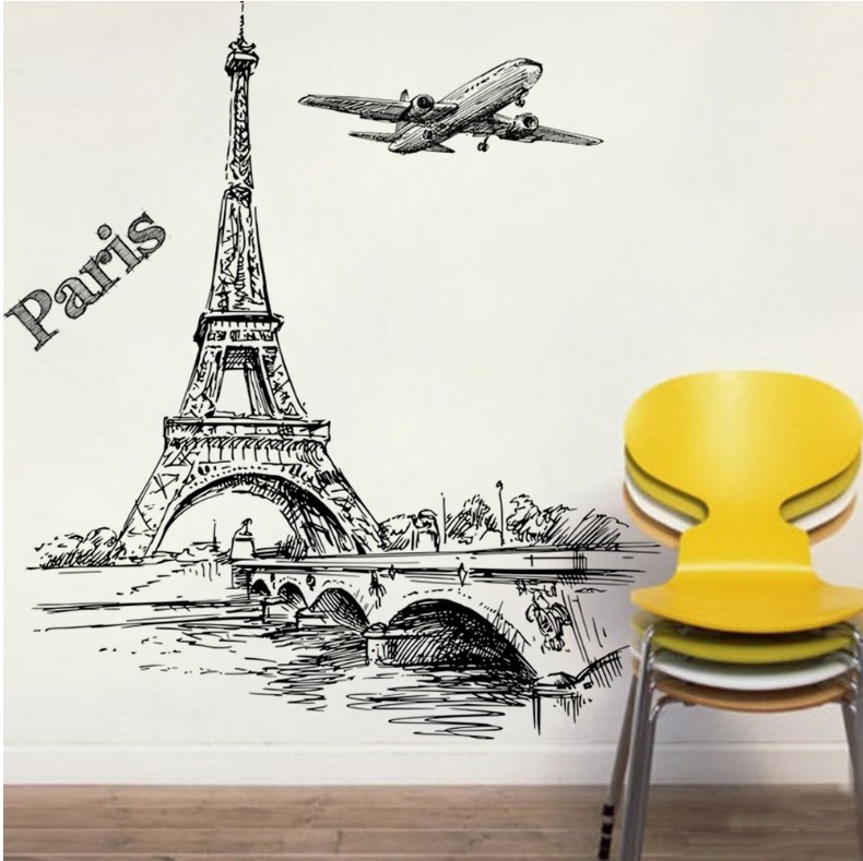 新款外贸简约黑白贴纸巴黎铁塔飞机客厅书房装饰贴画 ZY896P
