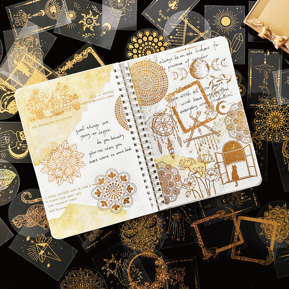 跨境PET贴纸包114枚透明镂空曼陀罗diy复古镭射手账素材烫金贴纸