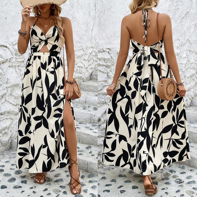 2024 new cross-border SHEIN VCAY hollow pleated halter print dress temperament romantic style