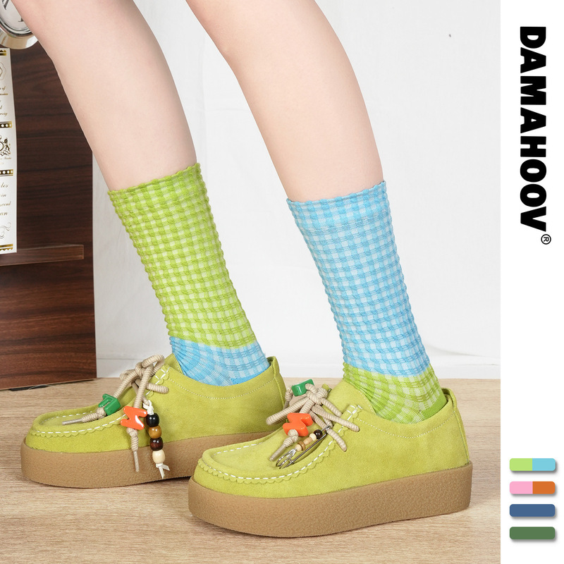 Thin Anti-Wrinkle Plaid Socks Dopamine Design Socks Summer Women's Sweat-Absorbent Non-Slip Cotton Sports Mid-Calf Socks