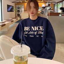 韩版时尚印花撞色长袖卫衣女装宽松大码加绒加厚2025冬季新款上衣