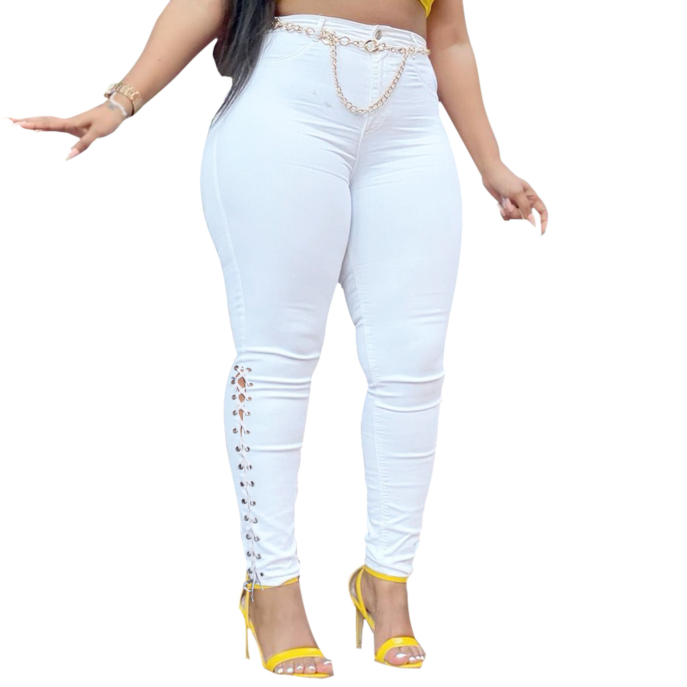 Plus Size High Waist Slim-Fit Straps Jeans NSWL116174