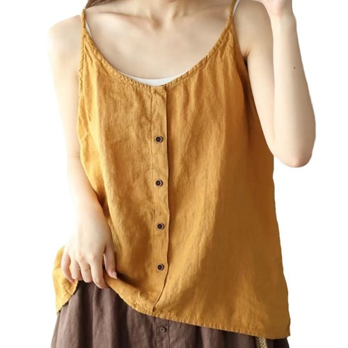 Cross-border cotton and linen strappy tank top summer new literary retro women's top button decoration thin loose inner wear base layer