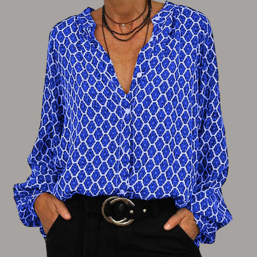 New Amazon Independent Station Cross-border Women's Wear Foreign Trade Spring V-neck Long-sleeved Fashion Elegant Printed T-shirt Shirt