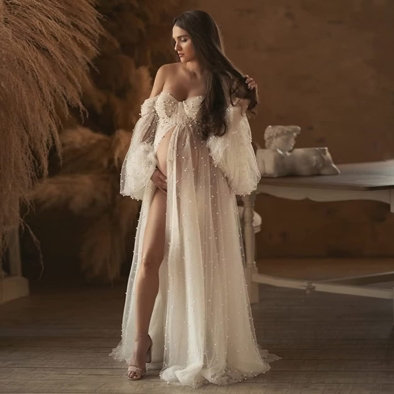 Maternity Photography Dress for Pregnant Women, Solid Color Fairy Wedding Dress, Artistic Gown with a Small Train