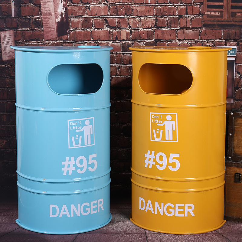 Industrial Style Retro Trash Can Creative Gym Ash Personalized Oil Barrel Storage Bucket with Lid Outdoor Commercial Large Size