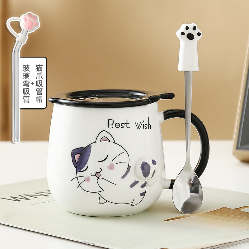 Taza de gato Mark con tapa Cuchara Taza de agua de cerámica Taza de pareja de dibujos animados de cerámica para hombres y mujeres Taza de desayuno de café de oficina
