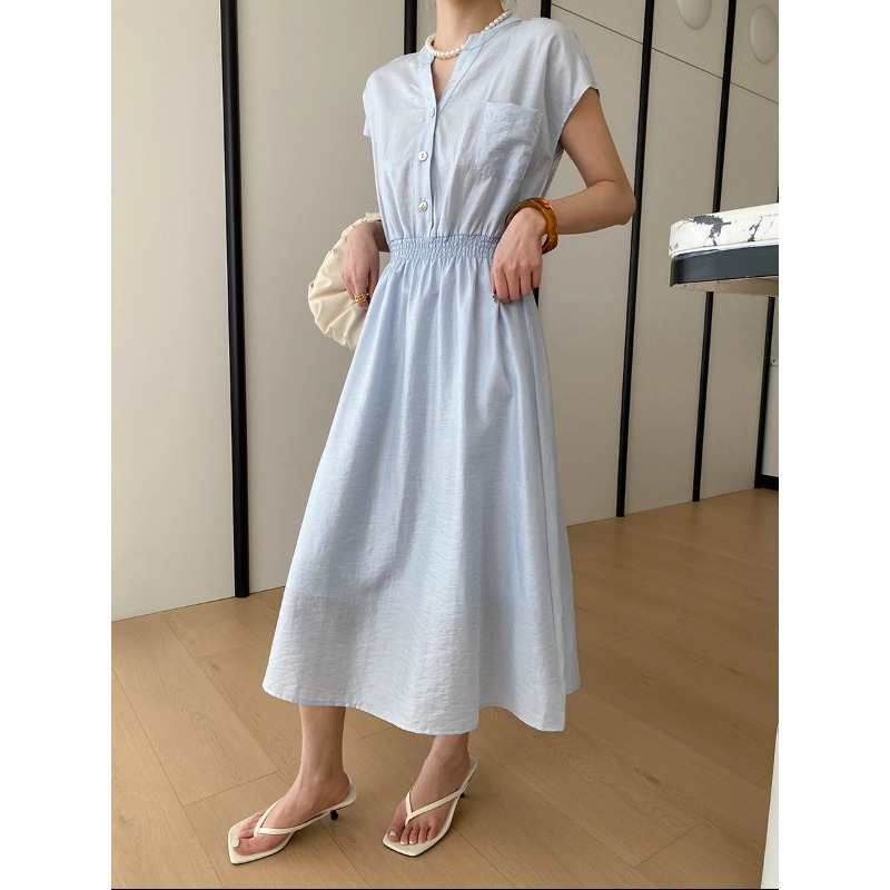 司南淡人通勤醋酸天丝混纺剪刀V领褶皱打缆收腰连衣裙