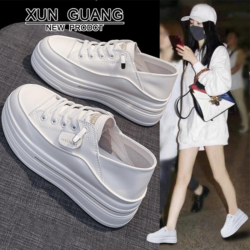 Women's White Sneakers 2025 Spring New Style Genuine Leather Thick-Soled Two-Way Wear Slip-On Casual Shoes Comfortable Versatile