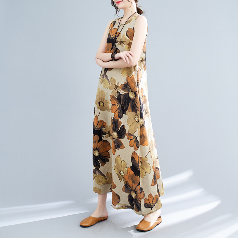 Vestido midi estampado sem mangas com gola redonda, estilo boêmio, plus size, para o verão de 2024._voghion.com