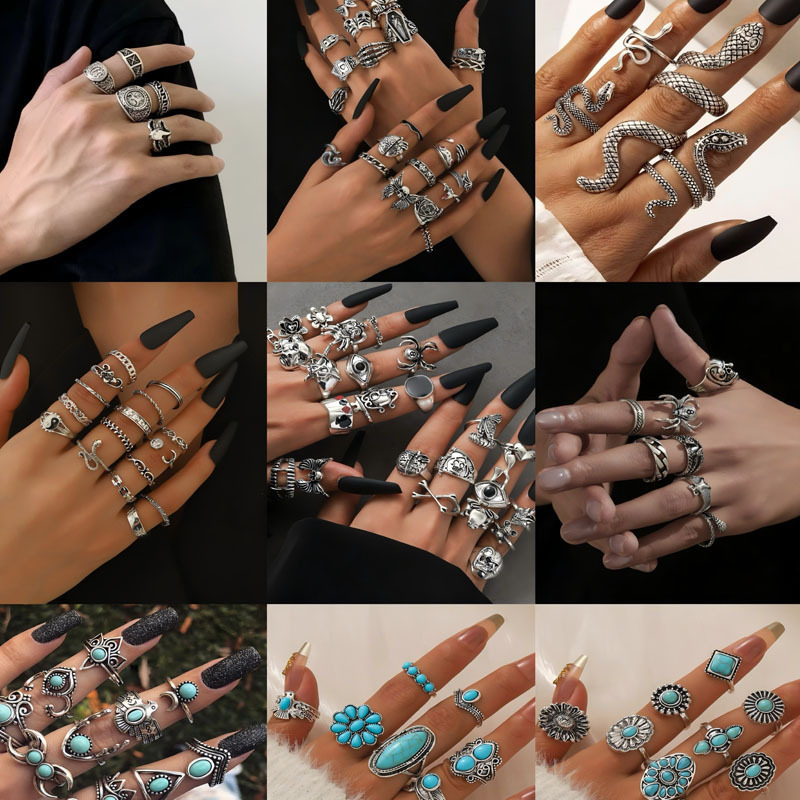 Cross-Border European and American Hot-Selling Hand Jewelry Fashion Retro Dark Ring Women's Jewelry Turquoise Multi-Joint Ring Accessories Cross-Border European and American Hot-Selling Hand Jewelry Fashion Retro Dark Ring Women's Jewelry Turquoise Multi-Joint Ring Accessories