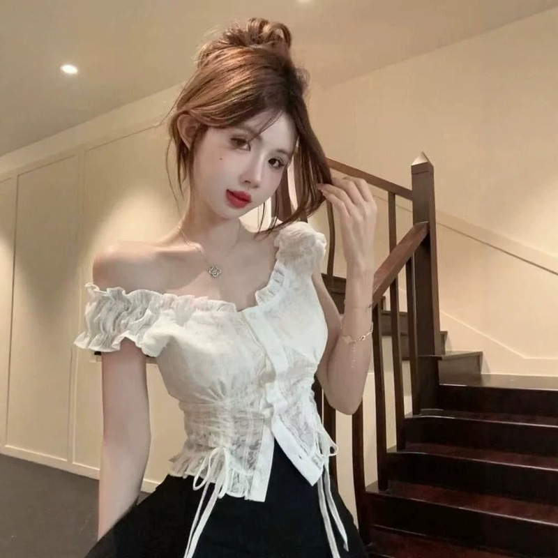 Pure Desire Style White Lace-Trimmed Chic Sleeveless Top for Women, Summer Off-Shoulder Two-Way Wear, Waist-Cinching Drawstring Blouse Pure Desire Style White Lace-Trimmed Chic Sleeveless Top for Women, Summer Off-Shoulder Two-Way Wear, Waist-Cinching Drawstring Blouse