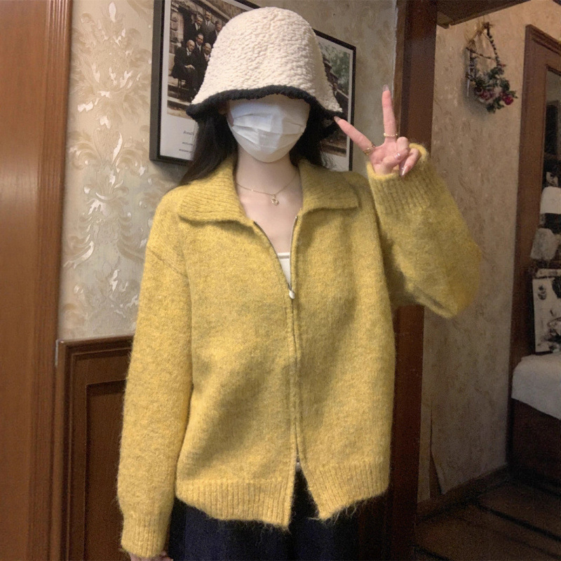 YS秋冬韩版宽松polo领双拉链慵懒毛衣外套女时尚休闲针织开衫外穿|undefined