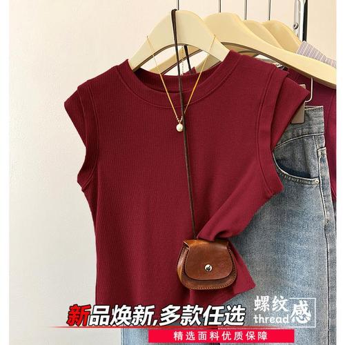 Pure-color regular shoulder, high-waisted plus-size youthful trendy flutter sleeve t-shirt for women, summer design sense, niche top, fashionable