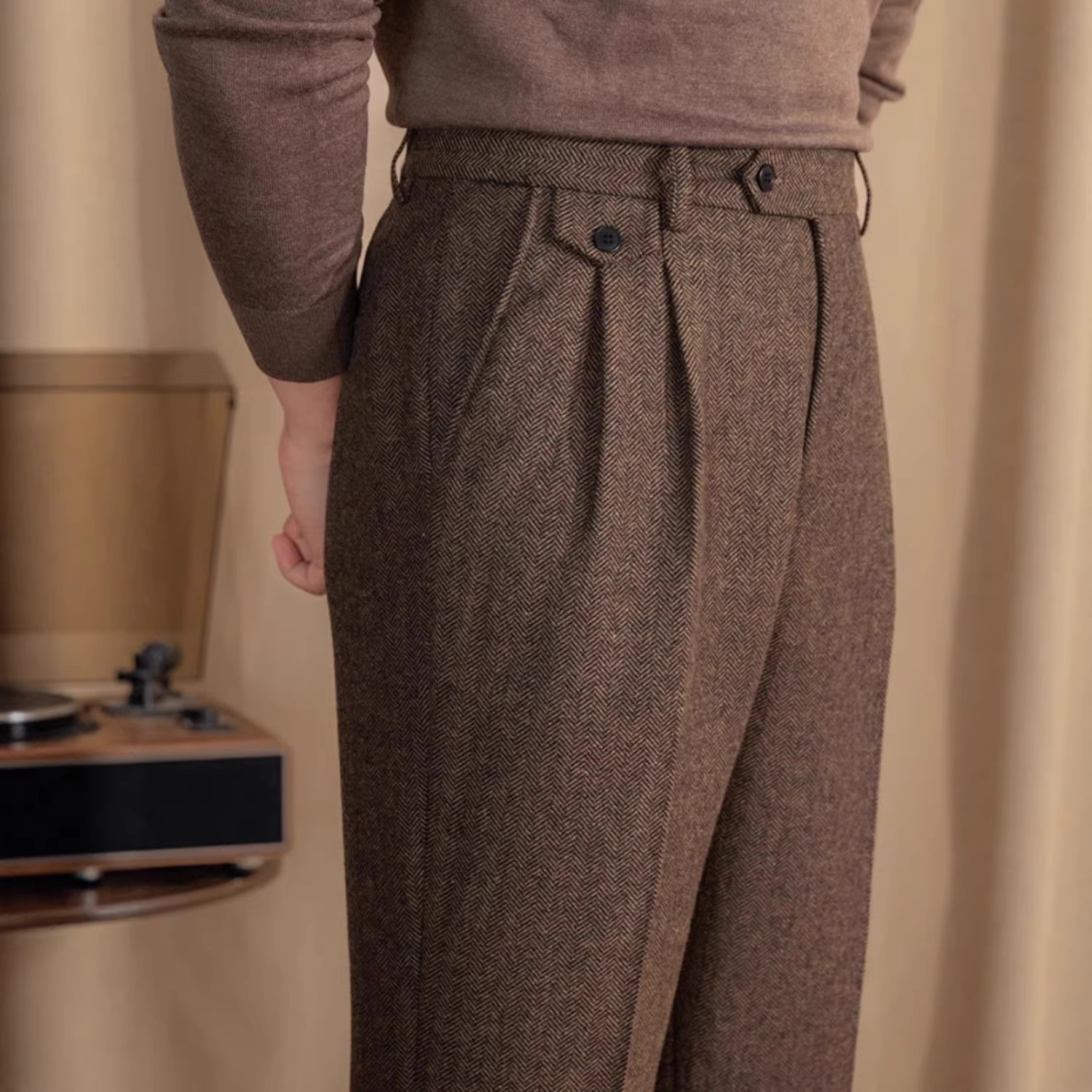 Italian-Style Herringbone Men's Cropped Pants, British Retro Business Slim-Fit Long Pants, Small Straight-Leg Fashion Versatile Casual Pants