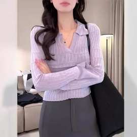 紫色设计感polo翻领长袖针织衫女早秋2024新款修身显瘦打底衫上衣