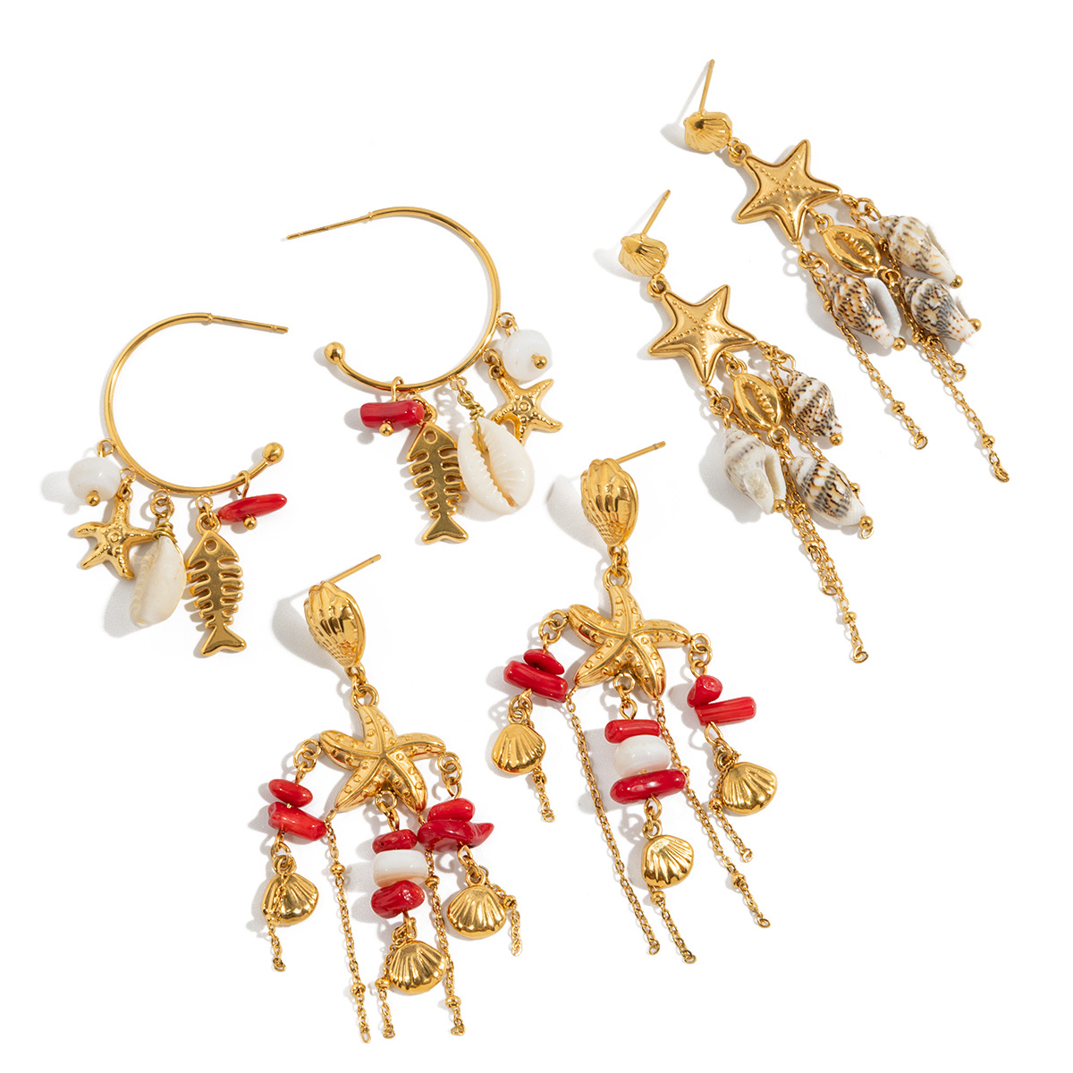 Venta caliente transfronteriza de Wanxing Pendientes de borla de concha de coral rojo bohemio Pendientes de sentido avanzado para mujer