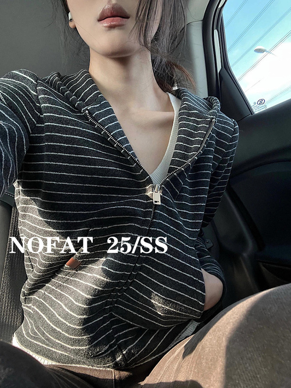 上新法式复古条纹轻薄2025初秋开衫宽松短款休闲卫衣外套女|undefined