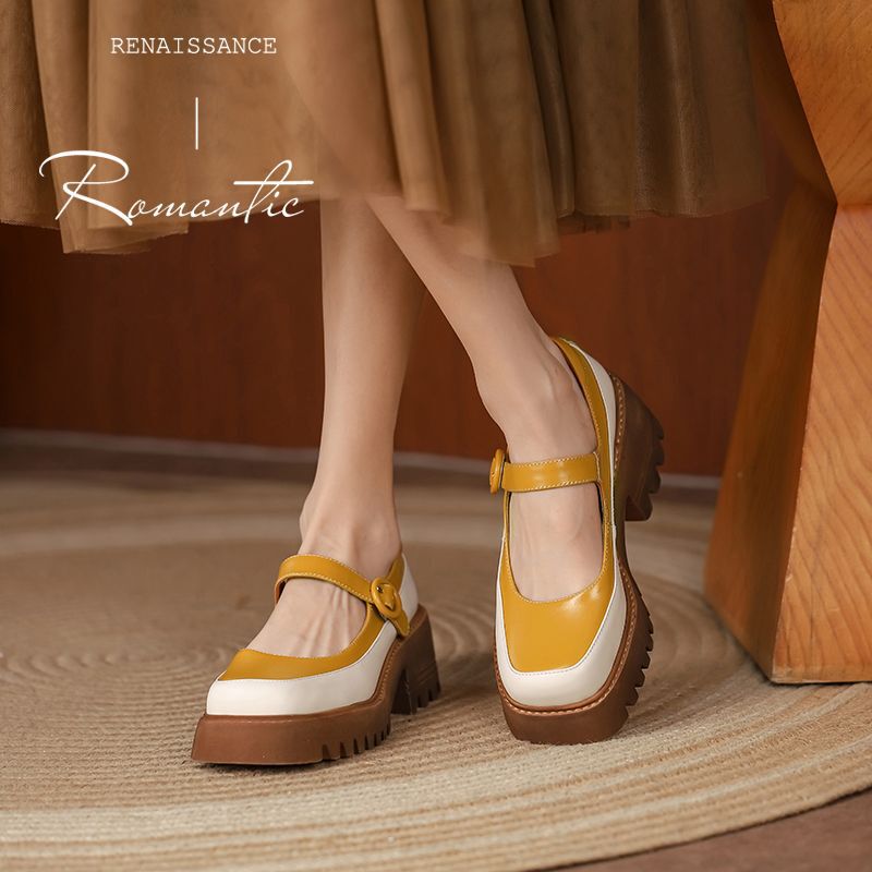 Special Offer Spring New Thick-Soled Shallow Mary Jane Shoes for Women, Genuine Leather Chunky Heel Color-Blocked High-Heeled Yellow Single Shoes, British Style