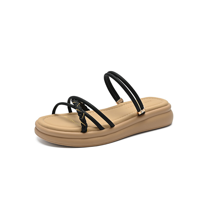 Dép sandal nữ đế bệt quai ngang đính đá phong cách Pháp — AY379 Đen