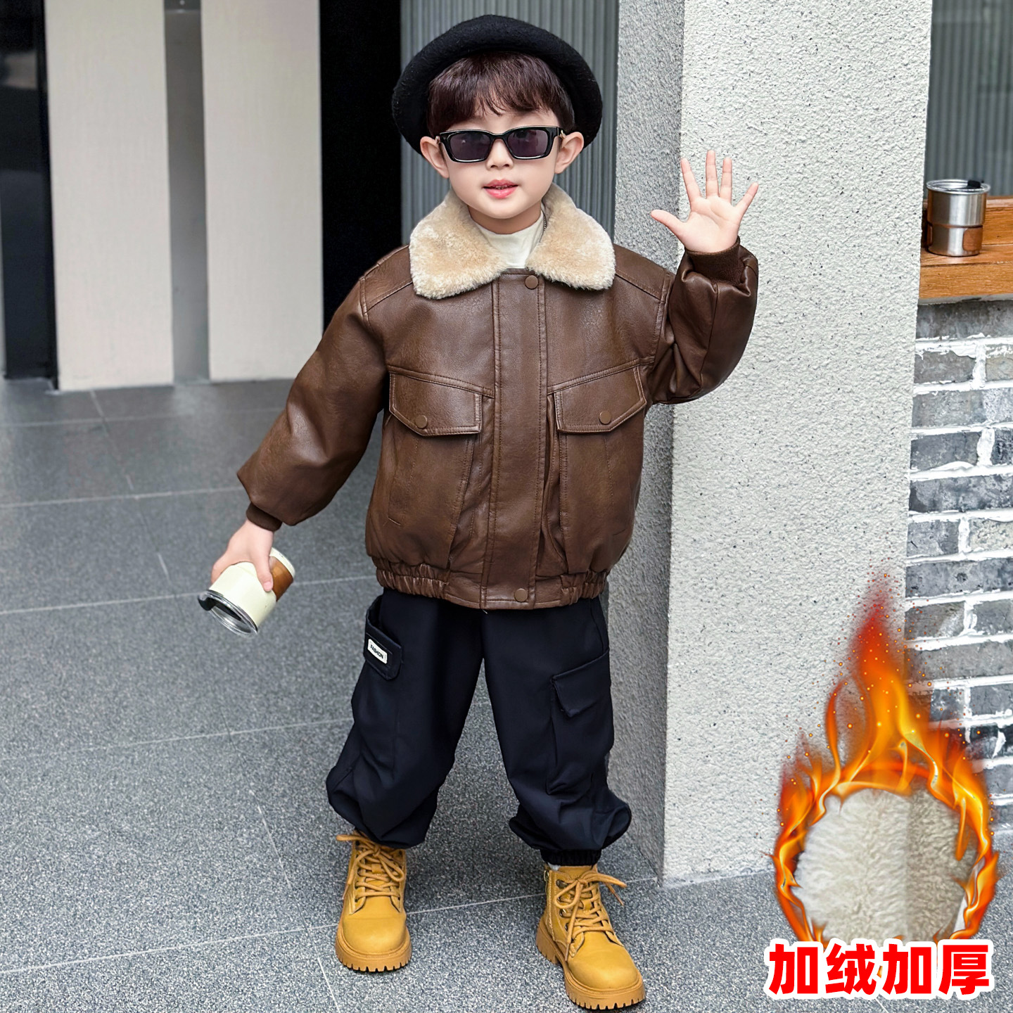 男童加绒外套秋冬装2025新款韩版痞帅气儿童冬款加厚皮衣男孩夹克
