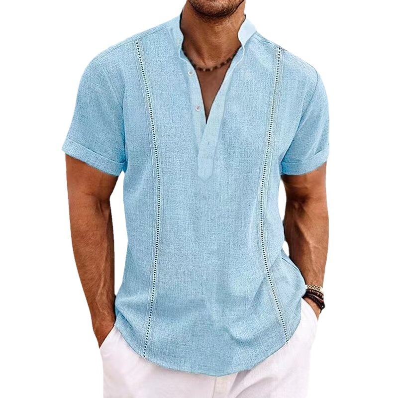 Monochrome Man - Cross-Border Summer New Short-Up Neck Cotton-Linen Color Solid Colour Patchwork Shirt Beach Casual Sports_voghion.com