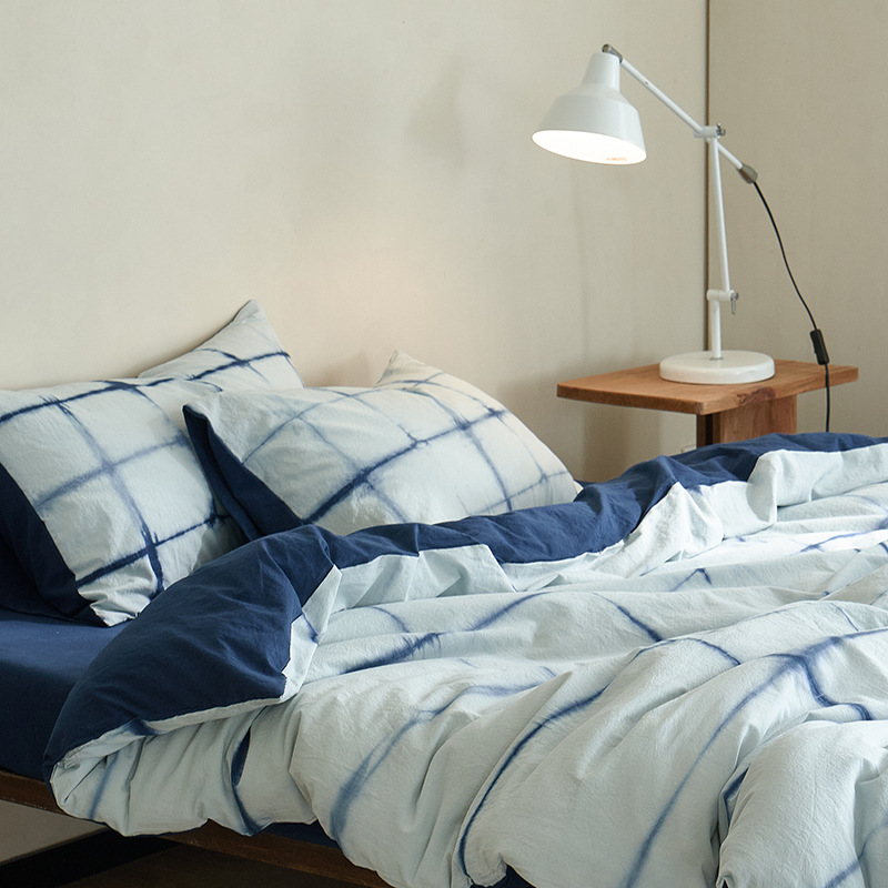 Chinesisches Baumwoll Bettwäscheset Mit Blauem Karomuster_voghion.com
