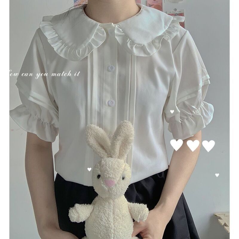 Japanese-Style Cute Soft Girl Lolita Basic Short-Sleeve Top with Ruffled Edges, Doll Collar, and Student-Style Design