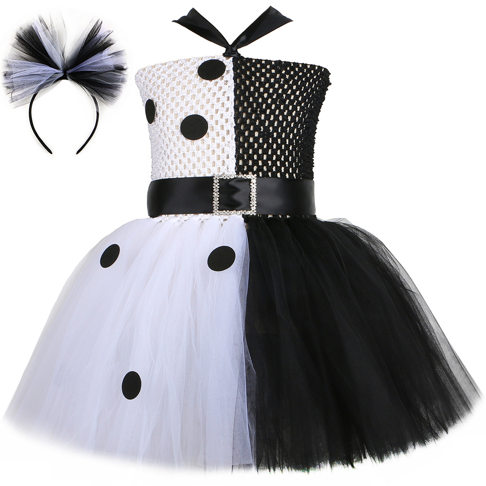 Kinderkleidung Schwarz-weißer Hexen-Netzrock Cruella de Vil Cosplay-Kostüm 101 treuer Hund Cruella Kinderprinzessinnenrock_voghion.com