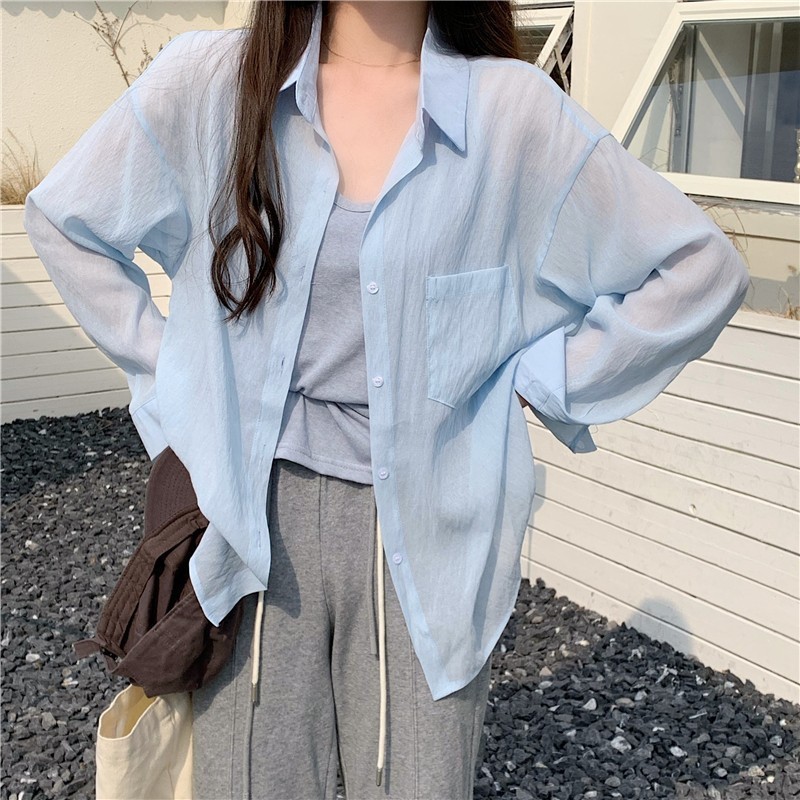 女性用無地半透明日焼け止めシャツ、夏用薄手カーディガン、ニッチなドレープブラウス、シャツジャケット、トップス|undefined
