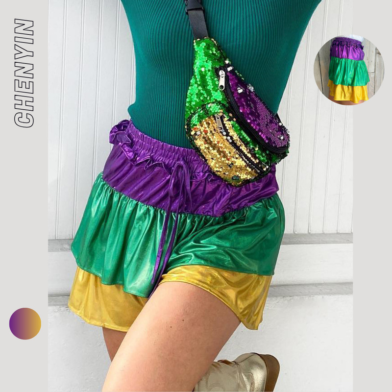 ins hard work European and American women's spring and summer shorts · Carnival three-color stitching satin pleated shorts