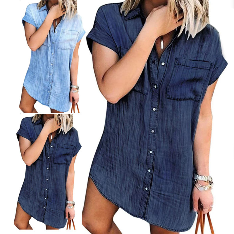 dress Export Amazon Cross-border Women's Short-sleeved Denim Shirt Distressed Denim Buttoned Casual Waist Top