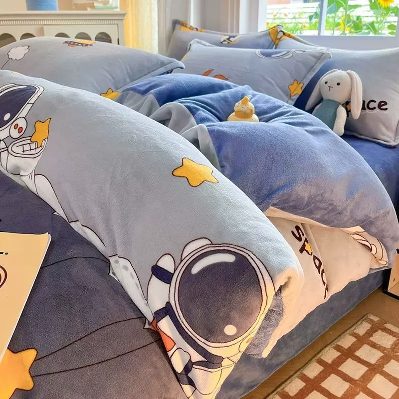 冬季牛奶绒床上四件套加绒加厚三件套珊瑚绒床单被套儿童卡通男孩