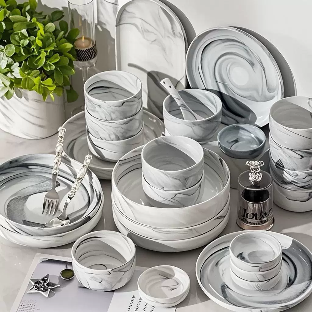 北欧餐具家用陶瓷饭碗大理石釉下彩餐盘陶瓷意面沙拉甜品早餐盘