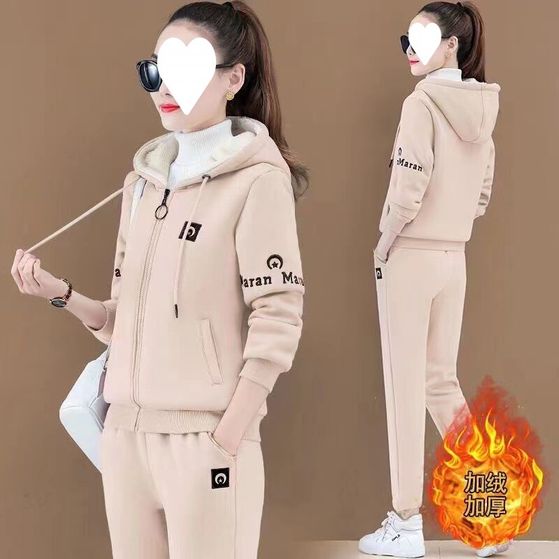 Fleece-lined thickened sports suit women's autumn and winter New Korean style lambswool zipper sweater plus size casual wear two-piece suit